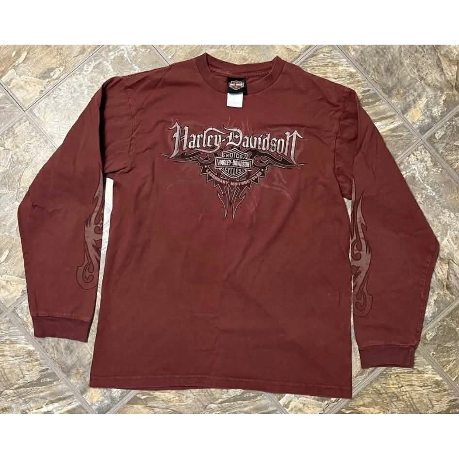 HarleyDavidson Long Sleeve Shirt Mens Large Maroon Flames Y2k Daytona